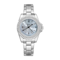 Silver steel watch for women with light blue sunburst dial and rhinestone bezel - Silver Blue