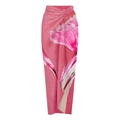 Detail view of pink shimmer fabric with floral prints and waist knot on wrap skirt - One Size / Bright Pink Wrap Skirt