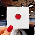 Detail of red tomato enamel brooch with green leaf and gold plating on a display card - 15*Tomato Enamel Pin