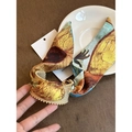 Retro sunflower silk scarf scrunchie with satin texture and gold bead accents - Wide Yellow Print (WB1187)