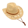 Beige hollow straw cowboy hat with a dark brown chin cord and wooden bead detail - One Size / Beige (Hollow Straw Hat + Rope)