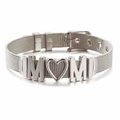 Silver stainless steel mesh bracelet featuring a MOM heart charm and adjustable buckle - Silver-MOM Heart