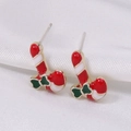 Christmas candy cane stud earrings with red white enamel and green bow detail - Style 55