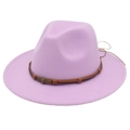 Detail of light purple fedora with brown braided band and bronze skull buckle accessory - Taro Purple