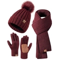 Three-piece winter knit set with pom-pom beanie, scarf, and touch screen gloves in burgundy - Burgundy