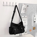 Retro black canvas messenger bag with adjustable strap and buckle flap in vintage style - Black
