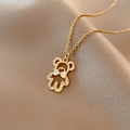 Gold plated bear pendant necklace with white zircon pavé on champagne silk background - Titanium Steel Gold Style (X479)