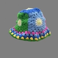 Handmade crochet knit bucket hat with multicolor floral patterns in blue and pink - One Size / Yellow Green Daisy Hat