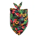 Close-up of tropical fruit pattern on purple dog bandana with neat white stitching detail - Papaya + Watermelon