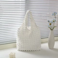 White puffy bubble texture tote bag with minimalist popcorn pleated design for women - White