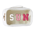 Weiße Kosmetiktasche mit SUN-Chenille-Glitzerbuchstaben und Sichtfenster auf weißem Grund - Transparente Tasche (SUN/SUV)