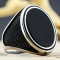 Vintage men's silver signet ring with oval black onyx gemstone and textured sides - AJZ3563-Oval Black Stone Dotted