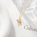 Detail view of a gold initial N necklace featuring a zircon floral accent on a fine chain - Letter N