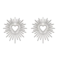 Polished silver stainless steel square stud earrings with heart and sunburst texture - Steel Color Heart Sunburst (6419)