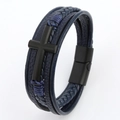 Detail of multi-layer blue leather bracelet featuring a matte black cross and magnetic clasp - Black and Navy Blue