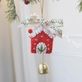 Handmade red felt house ornament with Merry Christmas ribbon and gold bell detail - Little House
