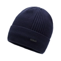Men's winter knit beanie in navy blue with thick ribbed texture and brand metal plaque - Navy Blue