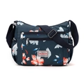 Floral print large capacity shoulder bag in navy blue with multi-pocket design - Blue Background Magnolia
