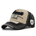 Vintage khaki and black embroidered baseball cap with distressed canvas details - Adjustable / Coffee & Black