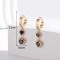 Gold titanium steel heart drop earrings with black stones and 3.2cm length dimension - Gold Black Double Heart Hoop Style (ER-437)