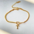 Golden double layer herringbone chain bracelet with a knot design and letter T pendant - Gold-T