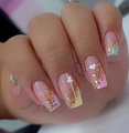 Detailed close-up of heart nail charms with gold foil and macaron gradient finish - Gold Foil 3D Heart Squoval Style (CW695)