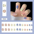 24pcs icy purple press-on nails with blue flower and cloud designs, model R564 - R564 Taro Purple Flower