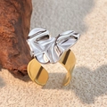 Artistic two-tone adjustable stainless steel ring with silver textured metal design - Artistic Irregular Folds - Gold Silver Two-Tone