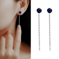 Elegant S925 sterling silver drop earrings with dark blue round zircon and long chain - 925 Silver / Blue