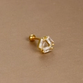 Golden barbell ear stud with three rectangular zircons on a brown textured background - Triple Baguette Cluster / Gold