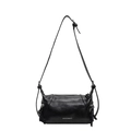 Black leather large capacity shoulder tote bag with adjustable strap and side zipper detail - Black