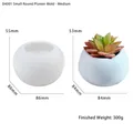 Silicone mold for DIY round flower pot crafts including dimensions and blue finished product - Medium Round Pot Mold