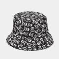 Détail de l'imprimé tête de mort sur le chapeau bob réversible en coton noir - M (56-58cm) / Style Crâne et Os Croisés (5# Couleur)