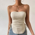 Slim fit beige ribbed knit tube top featuring side drawstrings and curved hem - S / Apricot