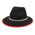 Détail du chapeau fedora noir avec chaîne argentée et bordure rouge contrastée - M(56-58cm) / Noir