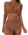 Detail of high-waisted brown bikini featuring gathered fabric and thin shoulder straps - Coffee