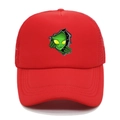Close-up of a red trucker hat featuring a green alien print and breathable mesh back - M (56-58cm) / Red