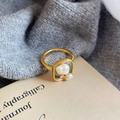 Gold plated open ring with baroque pearls and green floral enamel accents - Baroque Double Pearl Square Face Ring(NL00724R-BU)