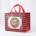 Red and black buffalo plaid Christmas tote bag with joy wreath and festive red handles - Christmas Wreath