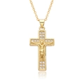 Macro detail of a gold crucifix pendant necklace with sparkling inlaid rhinestones - Crucifix Jesus Style (B247)