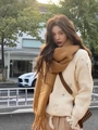 Caramel mohair scarf paired with distressed knit sweater and houndstooth bag - Light Coffee