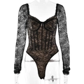 Elegante body in pizzo nero con maniche lunghe trasparenti e profondo scollo a U - S / Nero