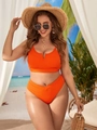 Leuchtend oranger, gerippter Bikini mit hoher Taille und V-Ausschnitt für den Strand - 0XL / Orange