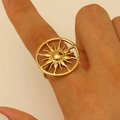 Detail of a golden sunflower stainless steel open ring worn on a finger for fashion - 18k Gold Plated (2535)