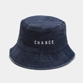 Detail of CHANCE embroidery on washed denim bucket hat with metal eyelets and stitching - M (56-58cm) / Navy Blue