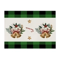 Retro Christmas placemat with green buffalo plaid, golden bells and waterproof linen texture - 32x21cm / CD105-6 Golden Bells Plaid Edge (Waterproof Polyester Linen)
