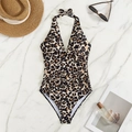 Detailed flat lay of leopard print one-piece swimsuit with V-neck and waist ruching - Leopard Print