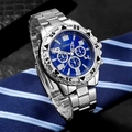 Business men's watch with blue dial and silver steel strap on a striped tie background - Silver & Blue