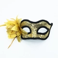 Golden masquerade mask with glitter finish, side fabric flower and feather accents - No Handle / Gold