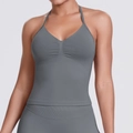 Close-up of seamless smoke gray yoga top with halter neck and ribbed texture - Dark Gray